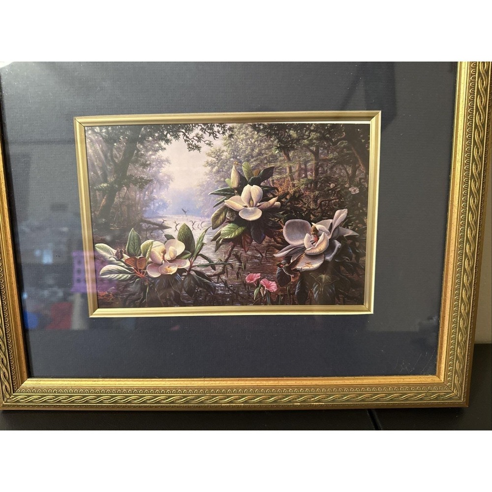 Vintage Magnolia Print Framed In Brass Tone Frame